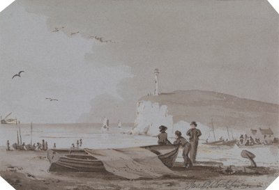 Coastal Scene with Figures, Boats, Lighthouse, etc. by James Pattison Cockburn