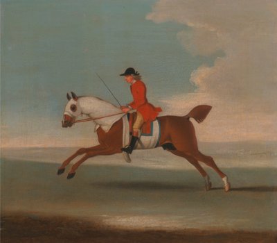 One of Four Portraits of Horses - a Chestnut Racehorse Exercised by a Trainer in a Red Coat by James Seymour