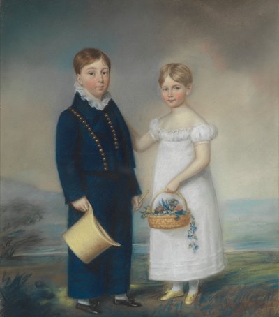 Boy Holding a Hat and Girl Holding a Basket of Flowers, Standing in a Landscape by James Sharples
