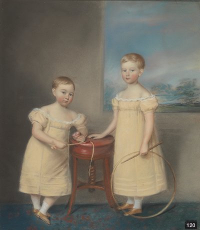 Two Children Wearing Yellow Dresses, the Elder Holding a Rolling Hoop and Stick and the Younger Holding a Whip Top and Whip by James Sharples