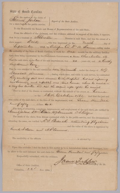 Claim awarded by the Confederate state of South Carolina for enslaved man Dick by James Tupper