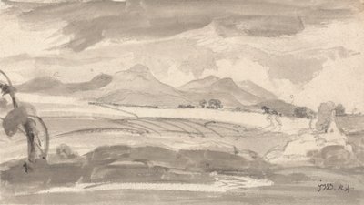 View Overlooking Fields to Distant Mountains, with a Cottage at Right by James Ward