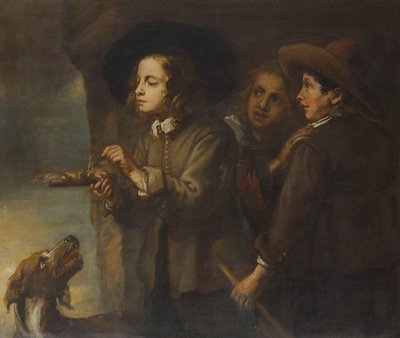 Three Boys Lighting a Stick of Gunpowder by Jan (circle of) Cossiers