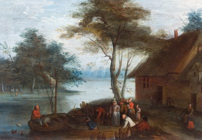 A river landscape with figures by a building getting into boats by Jan (follower of) Brueghel