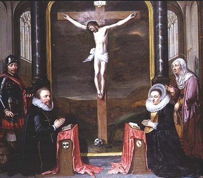 A Crucifixion with Portraits of the Donors Adriaen Meusyenbroeck and his Wife, Anna Elant, Attended by St. Adrian and St. Elizabeth by Jan Anthonisz. van Ravesteyn