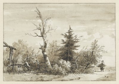 Landscape with Group of Trees and a Woman Gathering Wood on the Right by Jan Apeldoorn