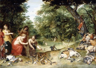 An Allegory of the Elements, Earth, Air and Water: Nymphs bathing in a wooded Glade with Trophies of the Hunt nearby by Jan Brueghel the Elder