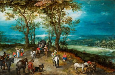 An Extensive Landscape with Horsedrawn Cart and Travellers on a Road by Jan Brueghel the Younger