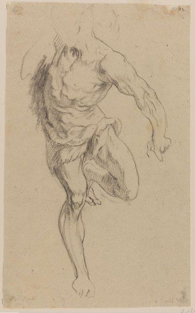 Study of a nude male, standing from the front with drawn up left leg, headless by Jan Claudius de Cock