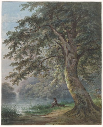 Angler under Large Tree by Pond by Jan David Geerling Grootveld