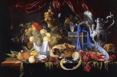 A Pie on a Pewter Plate, a Partly Peeled Lemon, A Silver Spoon on a Pewter Plate, Crayfish and Shrimp in a Wanli Kraak Porcelain Bowl by Jan Davidsz de Heem