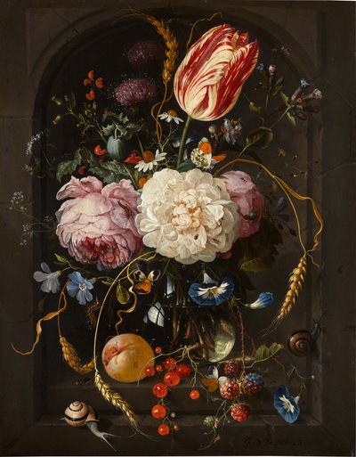 Still Life of Flowers in a Glass Vase with Insects and Fruits in a Stone Niche by Jan Davidsz. de Heem