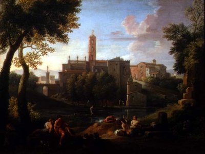 Landscape with Figures Near a Town (pair of 81825) by Jan Frans van Bloemen