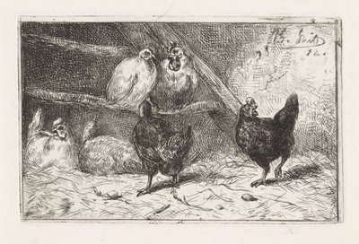 Rooster and Five Hens in a Coop by Jan Gerard Smits