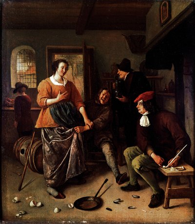 The broken eggs (inside an inn). Group of cheerful characters in Dutch cuisine. The man lifting the woman