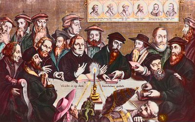 The light is placed on the candlestick - Engraving by Jan Houwens showing The reformers John Calvin and Martin Luther Imaginary Meeting of Reformist Leaders: John Wyclif by Jan Houwens