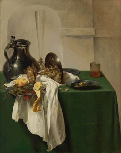 Pewter Jug and Silver Tazza on a Table by Jan Jansz den Uyl