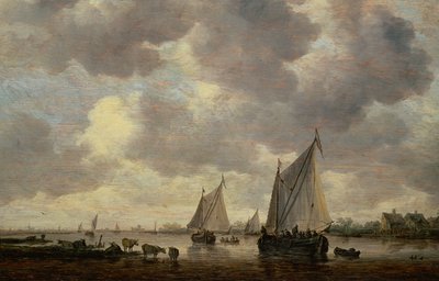 A Canal in Holland, or Two Large Sailing Ships and Cattle Near a River by Jan Josephsz van Goyen