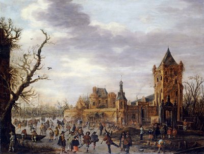 A View of Kasteel Batestein Vianen, in Winter with a Gentleman, his Wife and Retinue Watching Winter Sports on the Ice by Jan Josephsz van Goyen