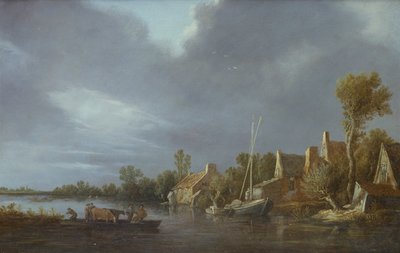 A Village by a River with Peasants and Cattle on a Ferry by Jan Josephsz van Goyen