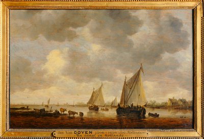 Two Large Sailboats on a River and Animals on the Banks by Jan Josephsz van Goyen
