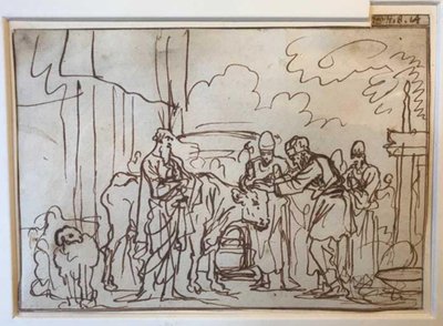 The bull is presented for the sin offering, Aaron and his sons lay their hands on its head (Lev. 8,14) by Jan Luyken