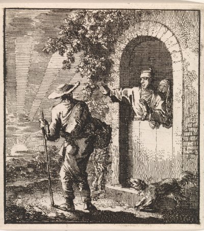 Man in a Doorway Gestures a Weary Traveler to Pass by Jan Luyken