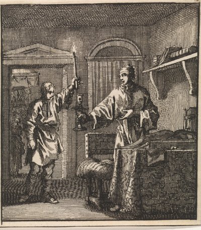 Man Inserts a Burning Candle into the Candlestick Held by Another Man by Jan Luyken