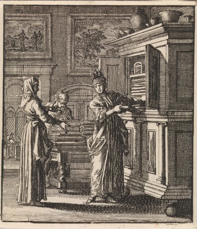 Woman Takes Things Out of a Cupboard by Jan Luyken