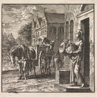 Woman in Front of a House with a Trash Can in the Shape of a Globe by Jan Luyken