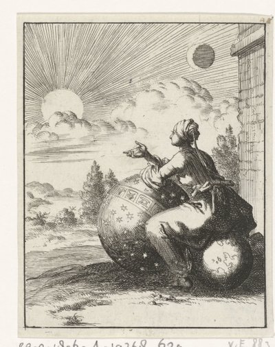 Woman Seated on a Earth Globe and Leaning on a Celestial Globe Looking at the Sunset by Jan Luyken