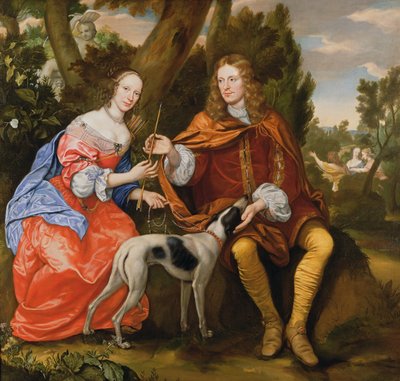 Portrait of a Gentleman and his Wife Holding an Arrow, Seated with their Dog by Jan Mytens