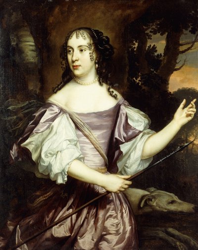 Portrait of a Lady, Standing Three-Quarter Length, Wearing a Lavender and White Satin Dress by Jan Mytens