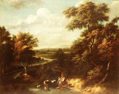 An Extensive Wooded Landscape with a Herdsman and a Peasant Girl by Jan Philip Spalthof
