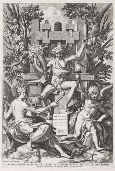 Bacchus Seated on a Barrel between Amor and Music by Jan Sadeler I, after Joos van Winghe