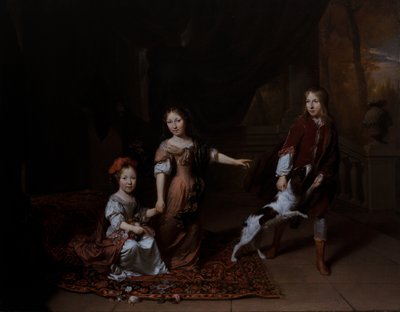 Children Playing with a Dog in a Living Room by Jan Verkolje