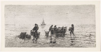 Fishermen Emptying a Sloop on the Beach by Johannes Martinus Vrolijk