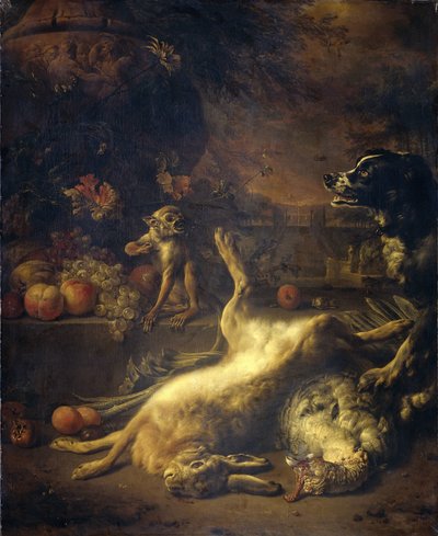 A Monkey and a Dog with Dead Game and Fruit by Jan Baptist Weenix