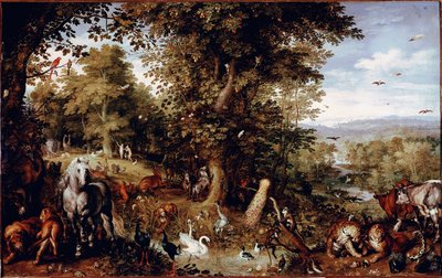 The Eternal Paradise. All the animals of creation represented in pairs. Painting by Jan Bruegel the former known as Bruegel de Velours by Jan the Elder Brueghel