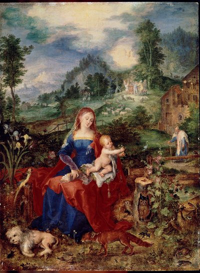 The Holy Family with Virgin animals flipping through a book, and holding the child Jesus, surrounded by a dog, fox, birds, crab, owl, parrot, frog, snail and iris. Painting by Jan Breugel the Elder by Jan the Elder Brueghel