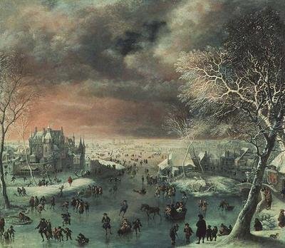 A winter landscape with figures on the ice by Jan the Elder Griffier