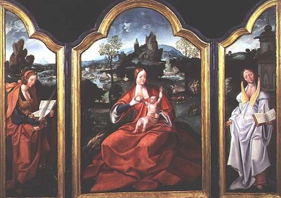 The Rest on the Flight into Egypt with St. Catherine of Alexandria and St. Barbara by Jan van (and workshop) Doornik