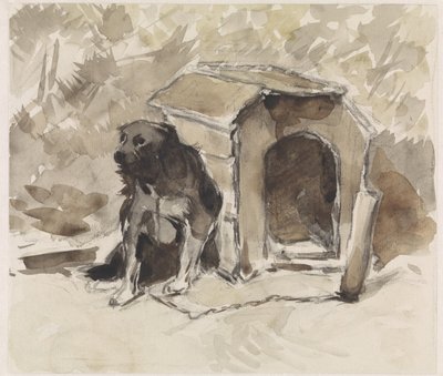 Dog, Leashed Sitting in Front of Its Kennel by Jan van Essen