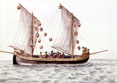 A Venetian Trabac with Lanterns, Fishing Boat Used in Shallow Waters Such as the Adriatic Sea, Watercolour Drawing and Ink from the Manuscript 