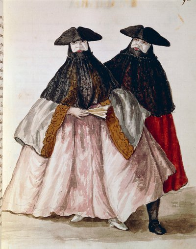 Carnival characters in Venice, illustration from Illustrated book of Venetian costumes, by Jan Grevenbroeck, watercolour, Italy by Jan van Grevenbroeck