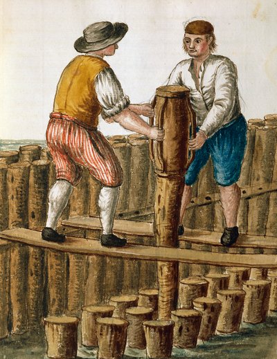 Laying foundations of Venetian lagoon, illustration from Dress of Venetians manuscript by Jan van Grevenbroeck