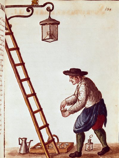 Small trade: lighting lamps. Watercolour drawing and ink from a manuscript by Jan van Grevenbroeck (1731-1807) by Jan van Grevenbroeck
