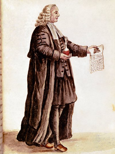 The apothecary holding in his hands a small vial and a prescription. Drawing in watercolour and ink from a manuscript by Jan van Grevenbroeck (1731-1807) by Jan van Grevenbroeck