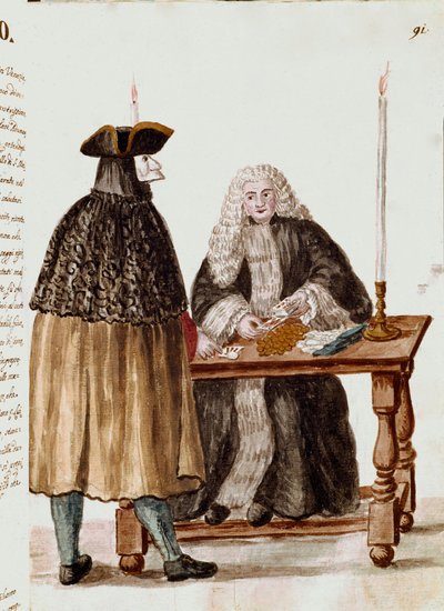 The game room: a character masks in front of the dealer pulling cards, coins are collected on the table by Jan van Grevenbroeck