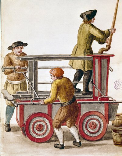 Use of a water pump or hydraulic pump. Watercolour drawing and ink from a manuscript by Jan van Grevenbroeck (1731-1807) by Jan van Grevenbroeck